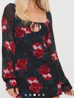 Princess Polly Black Mini Dress with Red Rose Print